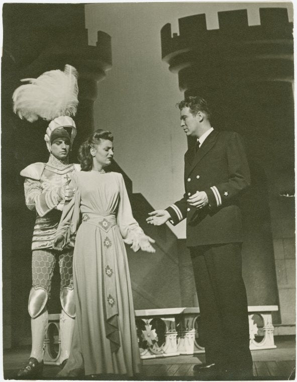 Chester Stratton (Sir Galahad), Julie Warren (The Demoiselle Alisande la Carteloise) and Dick Foran (Lt. Martin Barrett) in the 1943 revival of A Connecticut Yankee