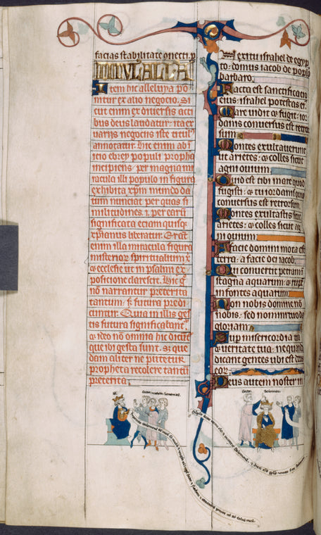 Text with initials, rubrics, miniatures, linefillers; this is the point where the artist filling in the color stopped his work