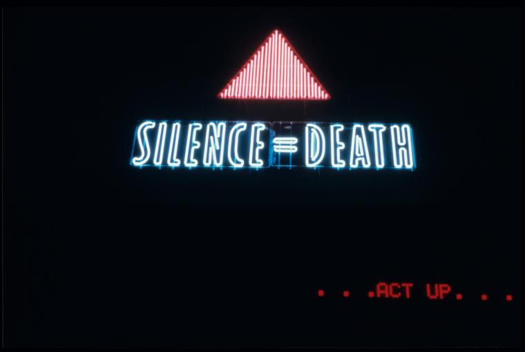 Let the Record Show . . . [Silence = Death sign with LED sign reading "ACT UP"]