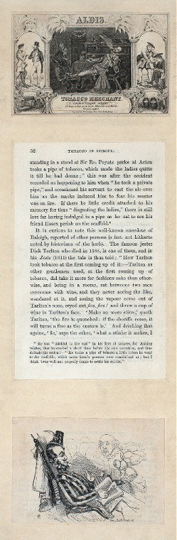 Aldis; Tobacco Merchant [image is after Raleigh's first pipe in England]; [Raleigh smoking, and servant dousing him]