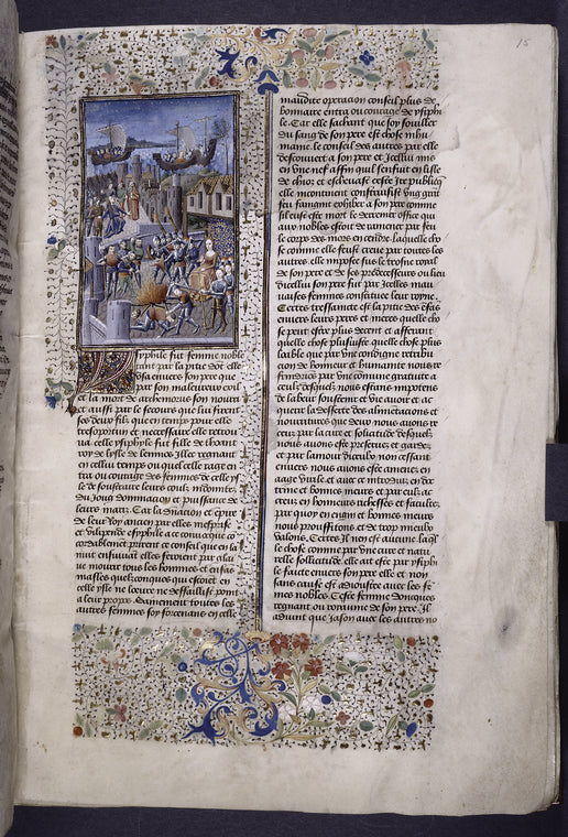 Miniature showing 1. Hypsipyle enthroned in public square, before her husband's supposed pyre, with armed women slaying men; 2. Hypsipyle sold to pirates by Lycurgus; 3. Hypsipyle and Lycurgus on boats.  Initial and border design.