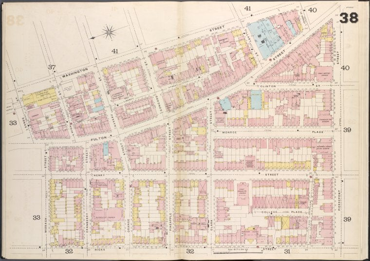 Brooklyn V. 2, Double Page Plate No. 38 [Map bounded by Washington St., Pierrepont St., Hicks St., Middagh St., Sands St.]