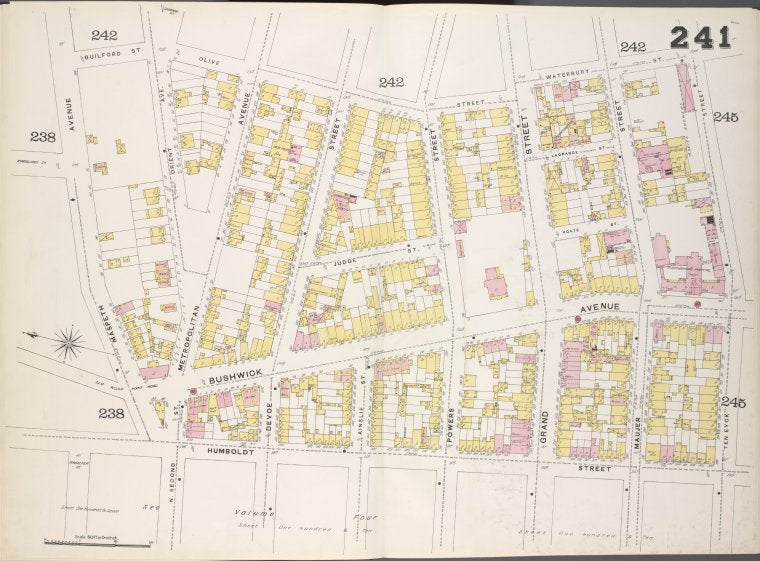 Brooklyn, V. 9, Double Page Plate No. 241 [Map bounded by Olive St., Ten Eyck St., Humboldt St., Maspeth Ave.]