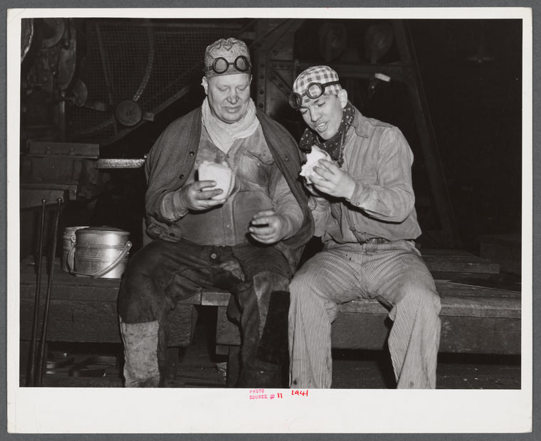 Workers eating lunch, Washington Tin Plate Mill.  Washington State.