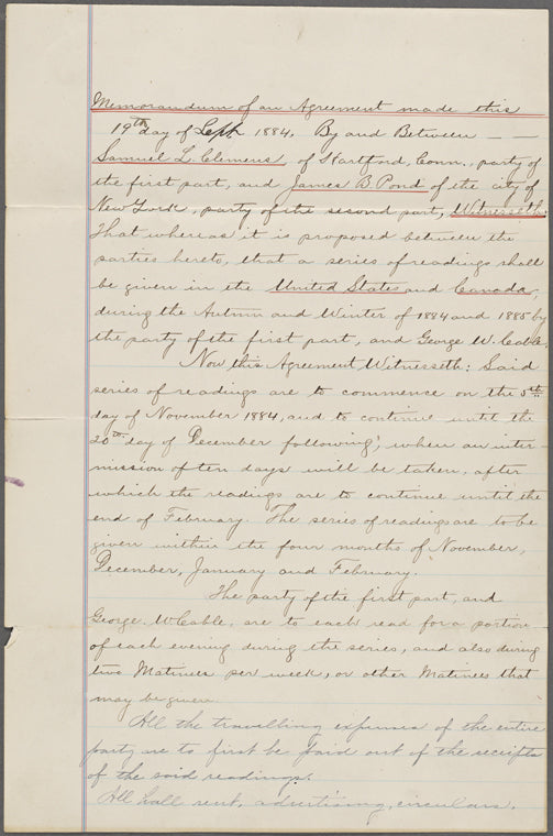 "Memorandum of an Agreement made" between SLC and J. B. Pond, Sept. 19, 1884, relating to Clemens-Cable readings.