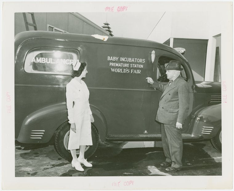 Infant Incubator - Martin Couney with nurse and ambulance