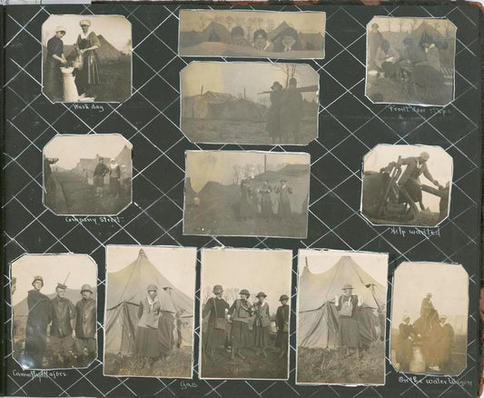 Photographs depicting nurses washing laundry, the company street, nurse and soldier, nurses on the water wagon, wearing gas masks, company majors