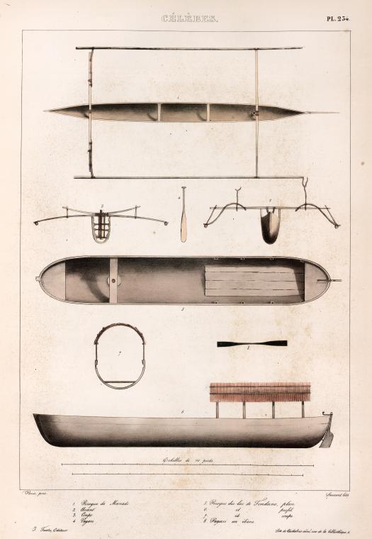 Célèbes.: 1. Pirogue de manado; 2. Avant; 3. Coupe; 4. Pgari; 5. Pirogue du lac de tondano plan; 6. Pirogue id de tondano profil; 7. Pirogue du id de tondano coupe; 8. Pagari en ébéne.