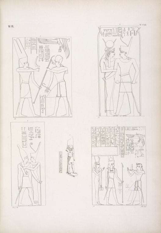 Fig. 1. Il re Osorkon riceve lo scettro degli anni da Amon-rê .  Fig. 2, 3. Il re Sciabak [Shabaka] abbracciato da Athyr [Hathor] e da Tamon [Neith]. Fig. 4. Statuetta di Phrê con leggenda di Sciabak.  Fig. 5. Il re Sciabatok  fa offerte ad Amon-rê e Mut.