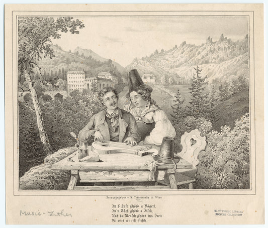 Man playing the zither seated with woman in front of scenic landscape.