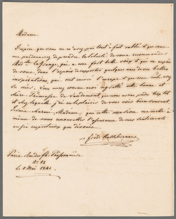 Kalkbrenner, Friedrich: Letter to "Madame"