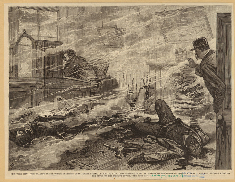 New York City : The tragedy in the office of Messrs. John Jewett & Sons, on Burling Slip, April 5th