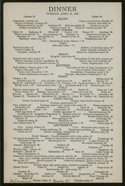 DINNER [held by] DELMONICO'S [at] BEAVER ST. NY (REST;)