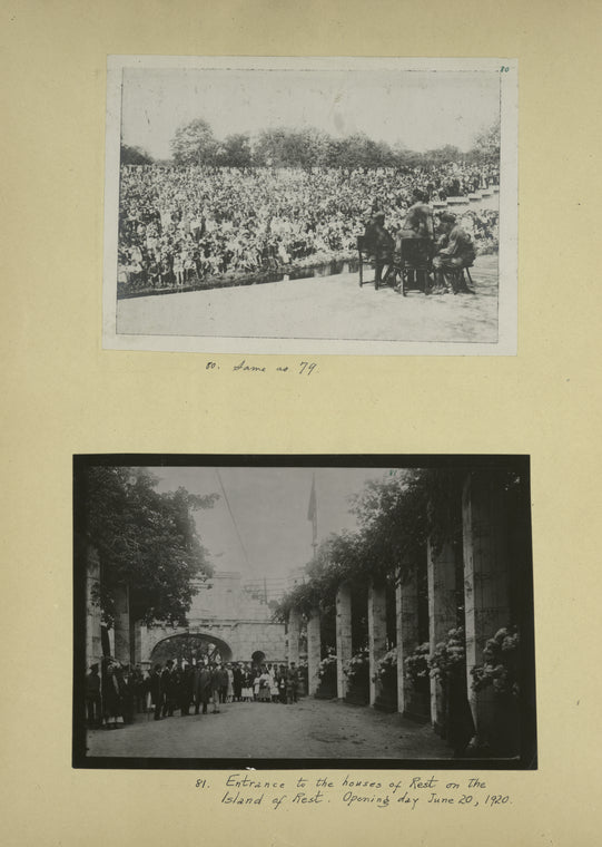 Inauguration of the Island of  Rest, June 20, 1920; Entrance to the houses of Rest on the Island of Rest. Opening day.