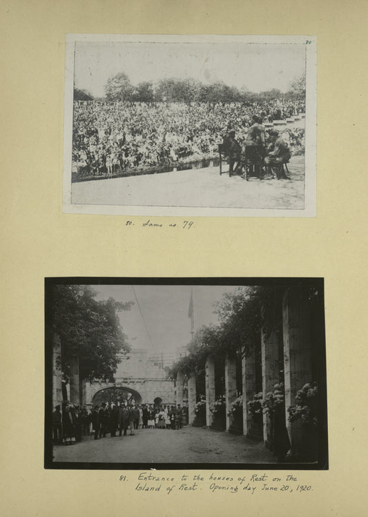 Inauguration of the Island of  Rest, June 20, 1920; Entrance to the houses of Rest on the Island of Rest. Opening day.