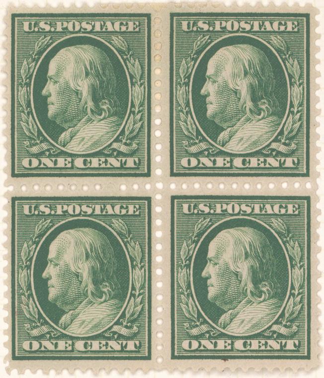 1c green Franklin block of four