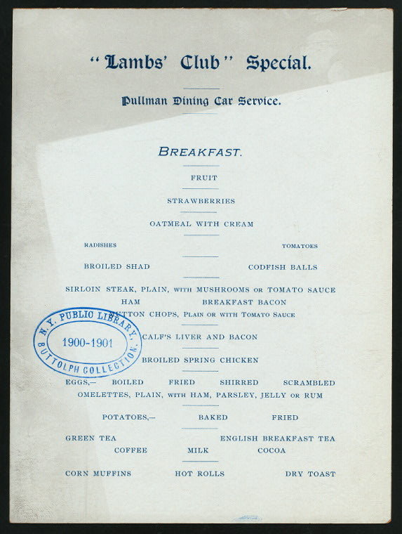 BREAKFAST [held by] LAMBS' CLUB SPECIAL [at] PULLMAN DINING CAR SERVICE (EN ROUTE?) (RR;)