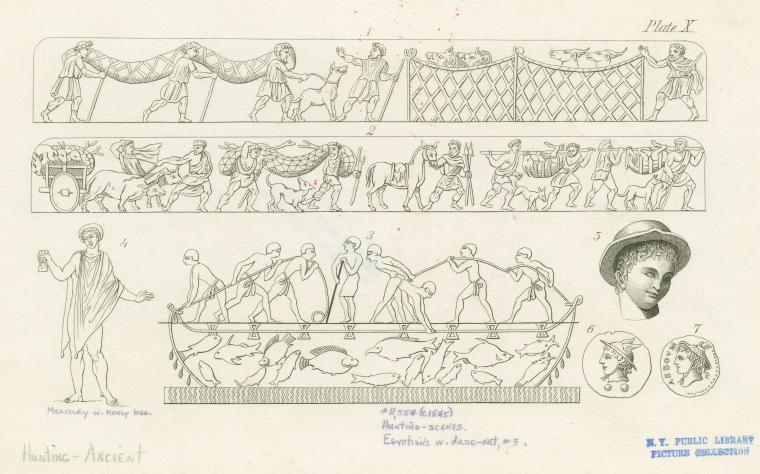 Hunting scenes ; Egyptians with drag-net