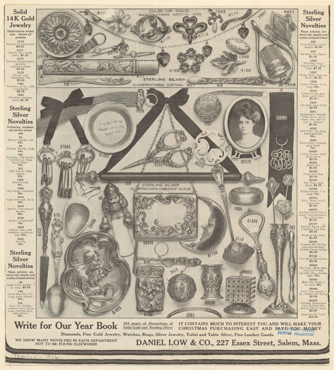 Solid 14K gold jewelry and sterling silver novelties, United States, 1906