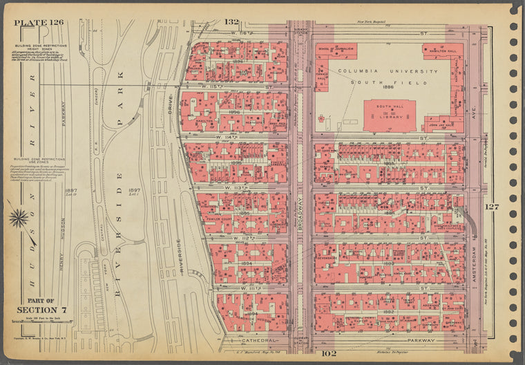 Plate 126, Part of Section 7: [Bounded by W. 116th Street, Amsterdam Avenue, Cathedral Parkway and (Hudson River, Riverside Park) Riverside Drive.]