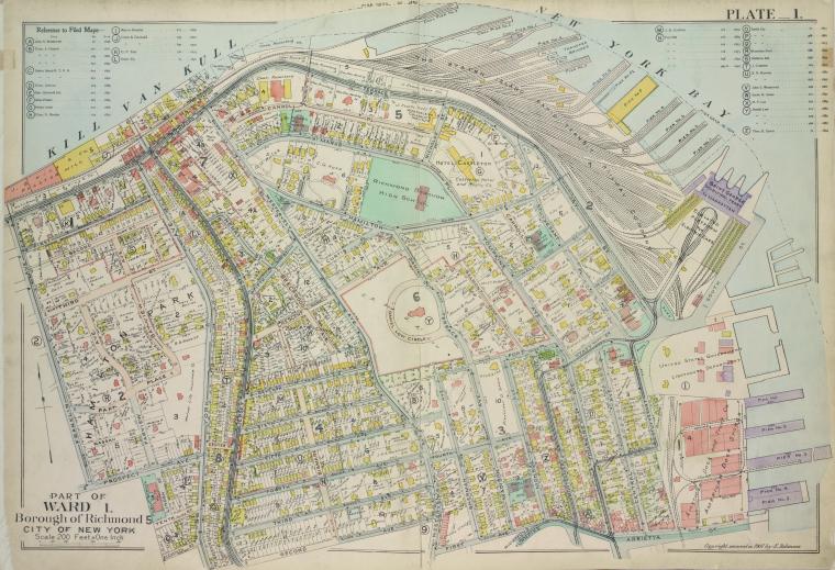 Plate 1, Part of Ward 1 : [Map bound by Kill Van Kull, Pier Head of 1889 & 1904, Arrietta St, First Ave, Westervelt Ave, Second Ave, York Ave, Eleventh St, Prospect Ave, Franklin Ave]