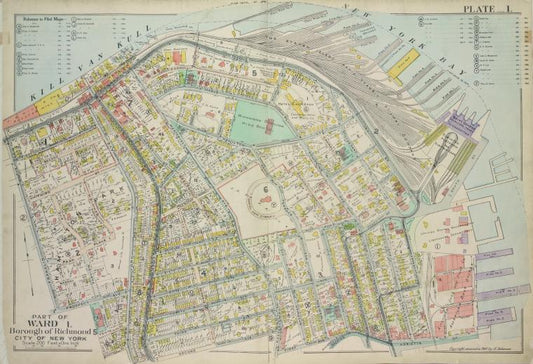 Plate 1, Part of Ward 1 : [Map bound by Kill Van Kull, Pier Head of 1889 & 1904, Arrietta St, First Ave, Westervelt Ave, Second Ave, York Ave, Eleventh St, Prospect Ave, Franklin Ave]