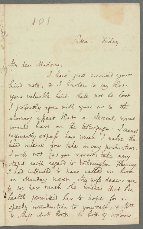 Chauncy Hare Townshend to Jane Porter, autograph letter signed