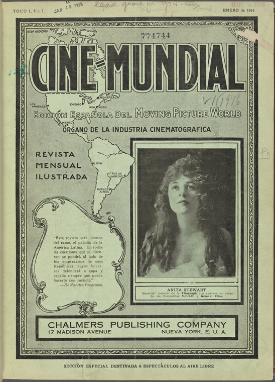 Cover of motion picture magazine Cine-Mundial, January, 1916 featuring inset image of actress Anita Stewart