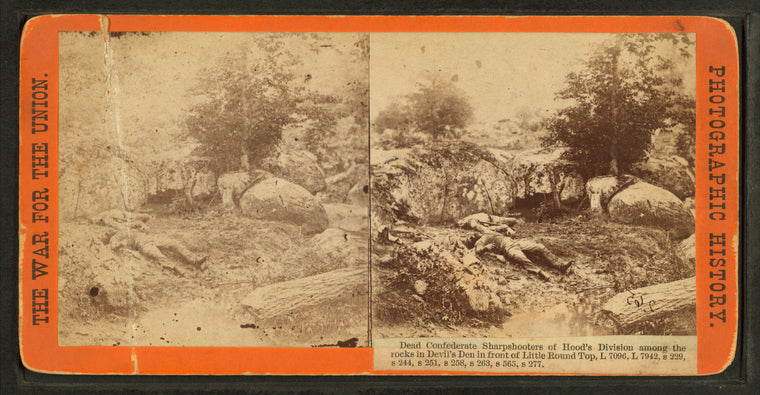 Dead Confederate sharpshooters of Hood's Division among the rocks in Devil's Den in front of Little Round Top.