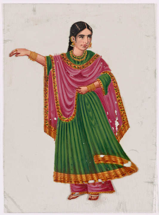 Dancing girl in green skirt and pink scarf, right arm raised