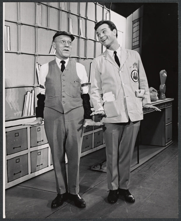 Darryl Hickman [right] and unidentified in the stage production How to Succeed in Business Without Really Trying