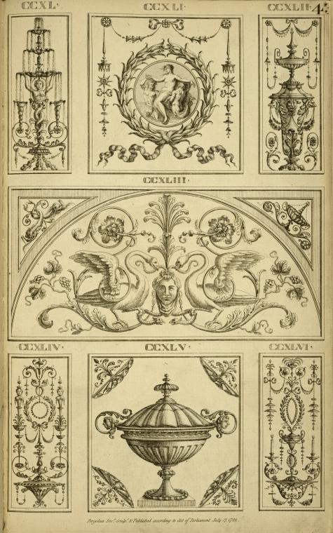 Central tympanum-shaped design with two swans and a woman's face
