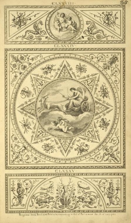 [Central design of moon goddess [Artemis?] riding stag-drawn chariot across the sky.]