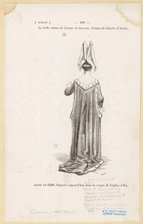 Back of lady's surcot, showing also back of hennin, or headdress of fine white lawn, from a French mss. ca. 1430 (translation of Boccaccio)
