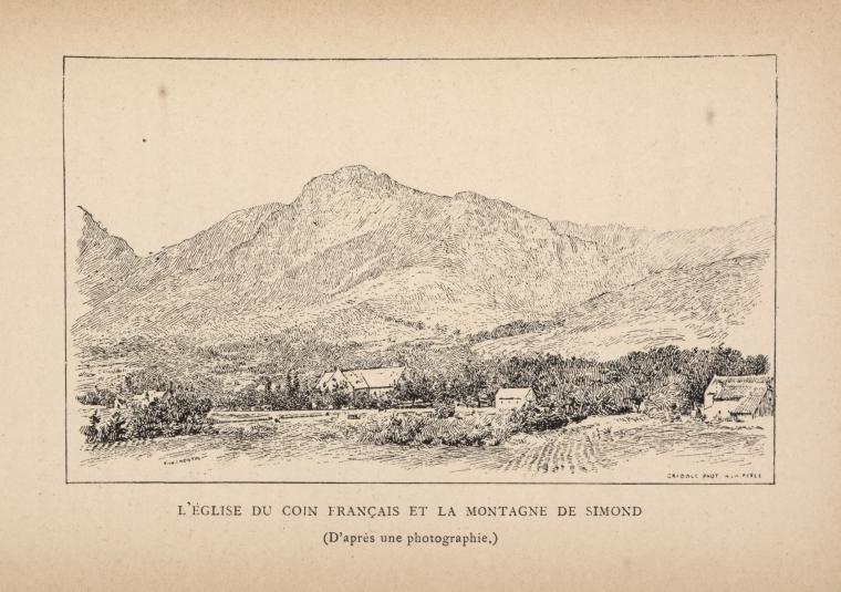 L'église du Coin français et la montagne de Simond. (D'après une photographie.)