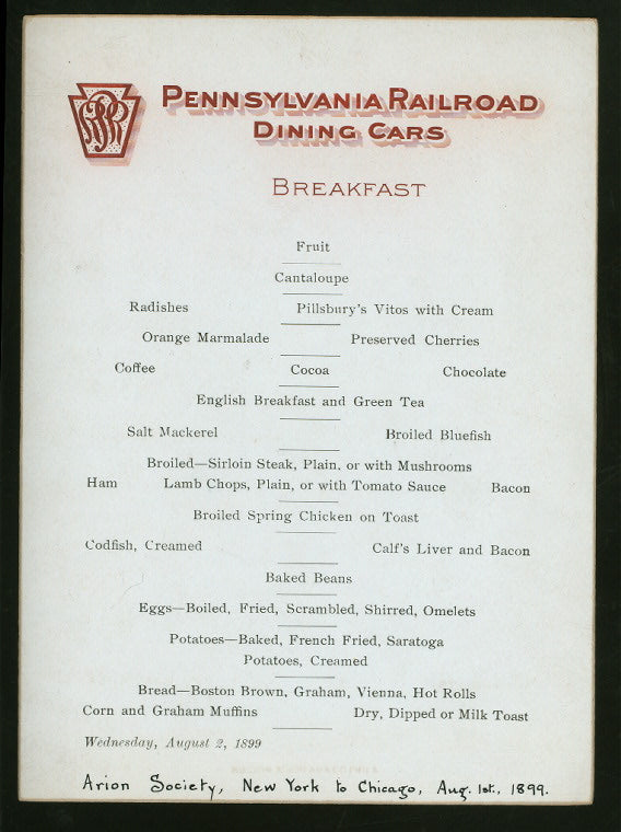BREAKFAST [held by] ARION SOCIETY [at] PENNSYLVANIA RAILROAD DINING CARS EN ROUTE NEW YORK TO CHICAGO (RR)