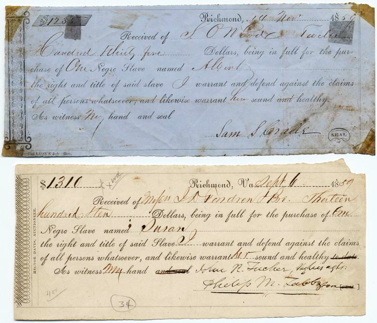 Receipt for $1235.00 for sale of Albert to S.O. Wood, Receipt for $1,310.00 for purchase of enslaved person, Susan
