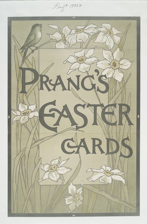 Poster with the words 'Prang's Easter cards' and depicting flowers and birds.