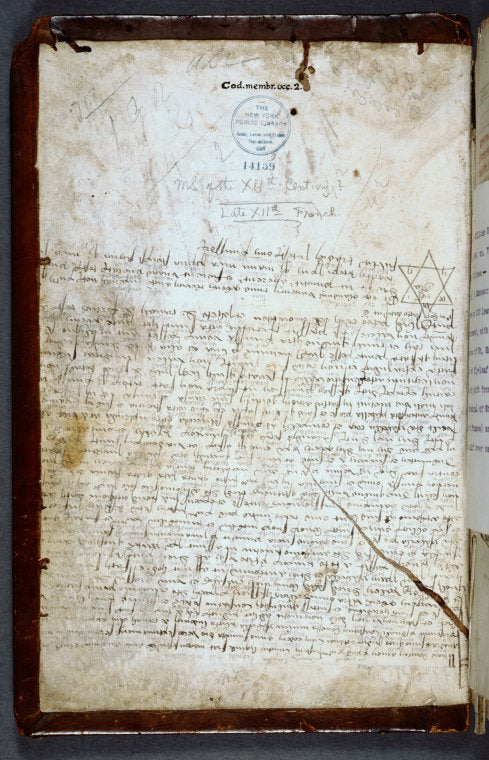 Charter pasted upside down on inside of front cover (but mounted here with original orientation); interlinear modern transcription of the text