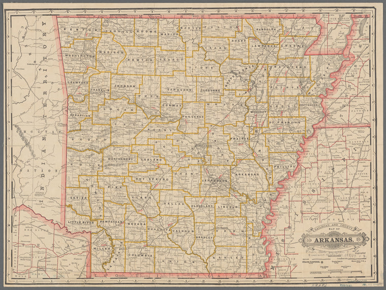 Railroad and county map of Arkansas