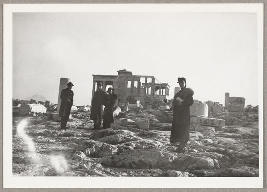Lisan Kay (right) with tour guide, pianist Hubert Carlin, and Virginia Lee in front of the Temple of Athena