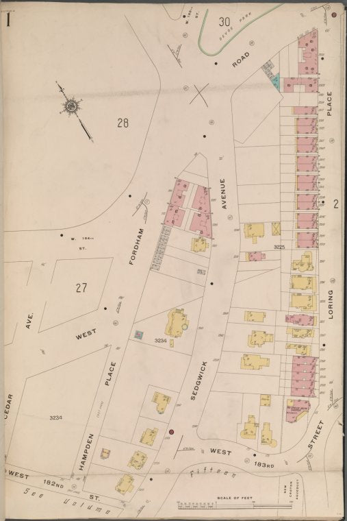 Bronx, V. 14, Plate No. 1 [Map bounded by W. Fordham Rd., Loring Place, W. 183rd St., W. 182nd St., Cedar Ave.]