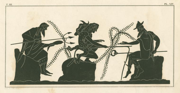 Neptune, Hercules and Mercury fishing from three rocks in the sea