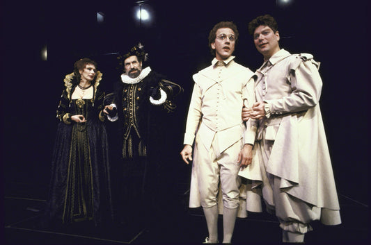 (L-R) Actors Delphi Harrington, Stephen D. Newman, John Rubinstein and Stephen Lang in a scene from the Roundabout Theatre's production of the play "Rosencrantz And Guildenstern Are Dead." (New York)