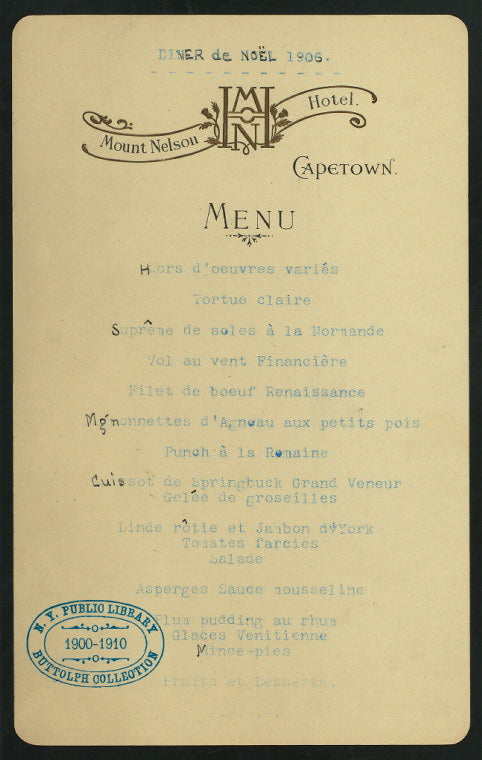CHRISTMAS DINNER [held by] MOUNT NELSON HOTEL [at] CAPETOWN [SOUTH AFRICA?] ([FOR?];)
