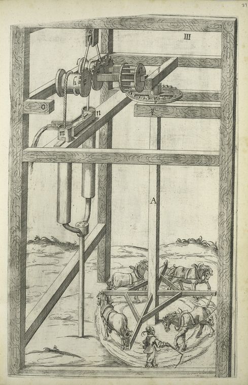 III. Pour eslever une eau de source ou de riviere par la force des chevaux.