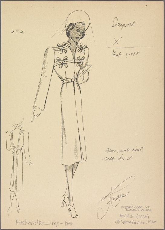 Blue wool coat with bows.