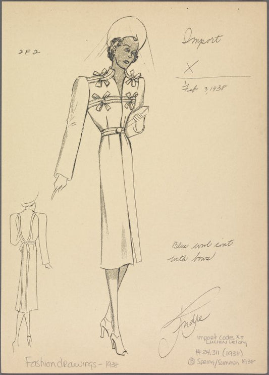 Blue wool coat with bows.