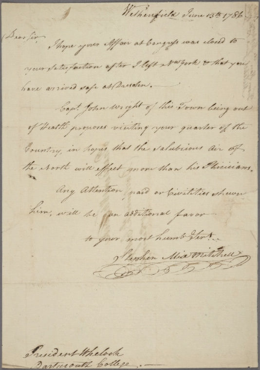 Letter to Eleazar Wheelock, President of Dartmouth College [Dresden --now Hanover-- N. H.]