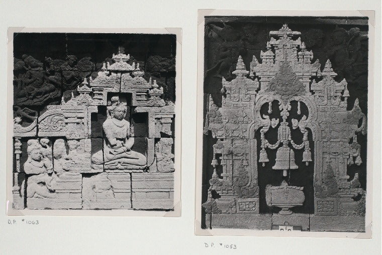 Borobudur - General: Seated figure with attendants. Borobudur, Third gallery ; Relief of niche with bells and vase. Chandi Borobudur, Third gallery
